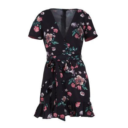 Women Dresses Sexy V Neck Floral Print Short Sleeve Ruffle Dress Fashion Summer Beach