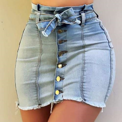 Sexy Denim Mini Skirts Stretch Bodycon Patchwork Sashes Skirt