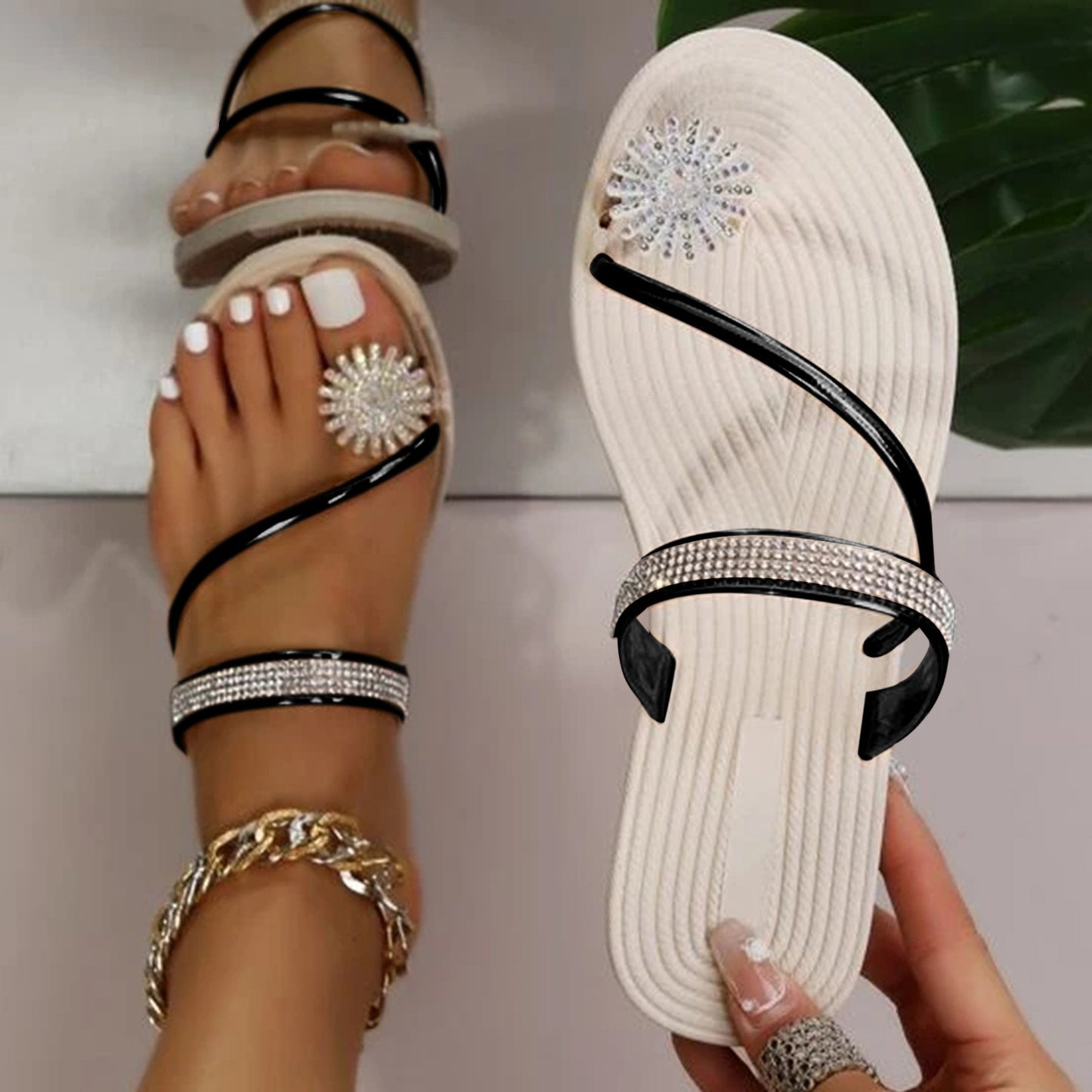 Summer Beach Slippers Women Pearl Set Toe Elastic Sandals Flat Strap Casual Home Sandals Slippers Beach Slippers Zapatos Mujer