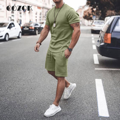 Men Summer Fashion Fitness Suit O-Neck Elastic Waist Breathable T-Shirt