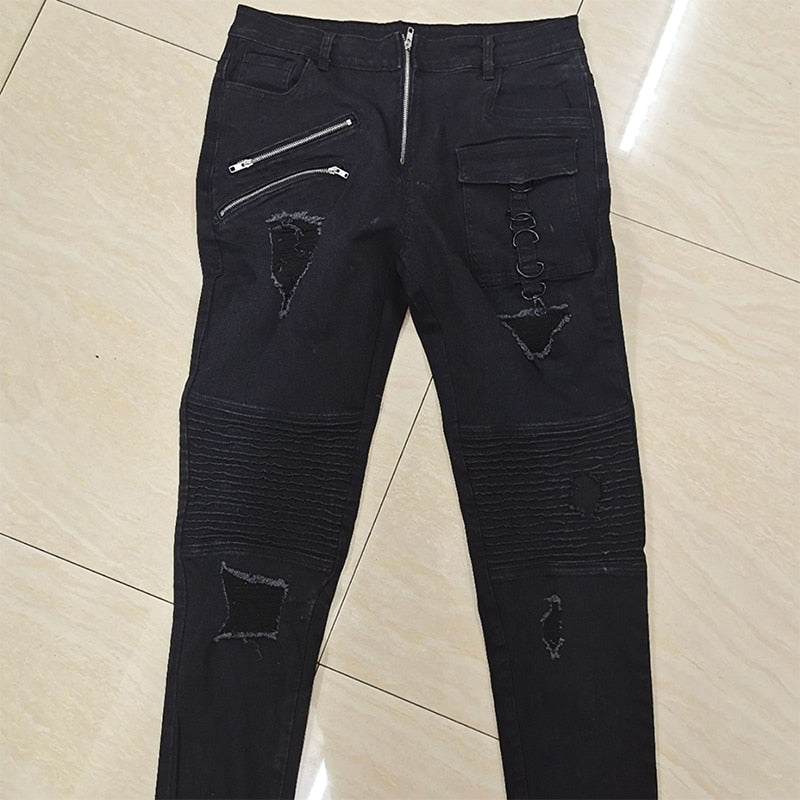 Jeans Men Punk Skinny Denim Pants Streetwear Zipper Slim Fit Black Goth Trousers