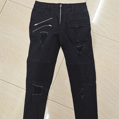 Jeans Men Punk Skinny Denim Pants Streetwear Zipper Slim Fit Black Goth Trousers