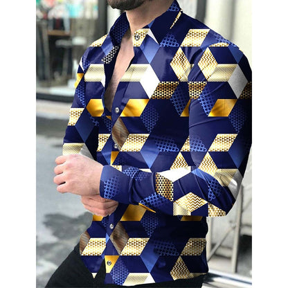 Luxury Social Men Shirts Turn-down Collar Buttoned Shirt Casual Lattice Print Long Sleeve