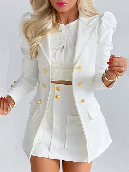 New Lady Office Solid Color Puff Sleeve Suit + High Waist Button Skirt Two-Piece Set Women Spring Fashion Blazer Commute Outfits