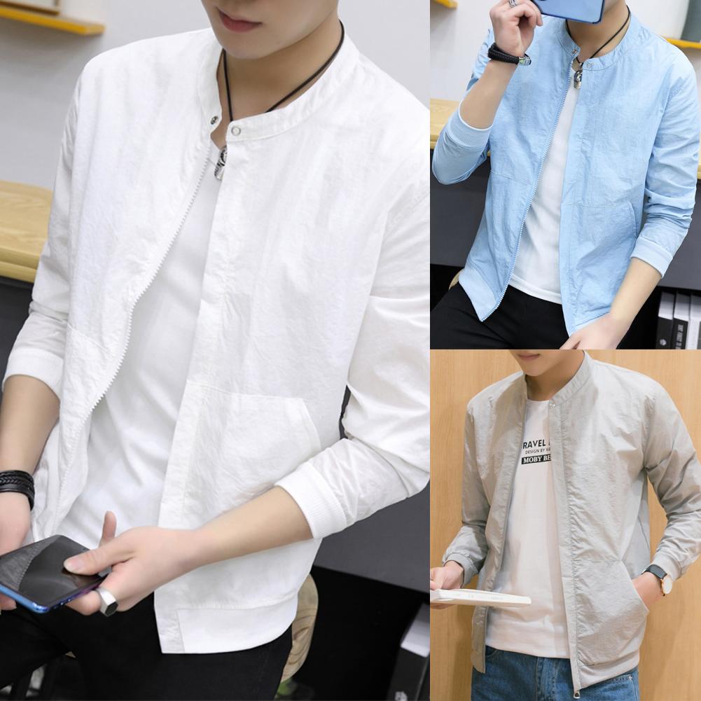 Summer Slim Jacket Men Solid Color Stand Collar Side Pocket Coat Outdoor Loose Cycling Sun Protection Jacket Casual chaquetas