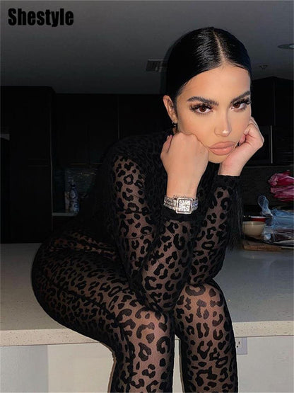 Leopard Transparent Jumpsuits Women Skinny Black Sexy Hot Clubwear