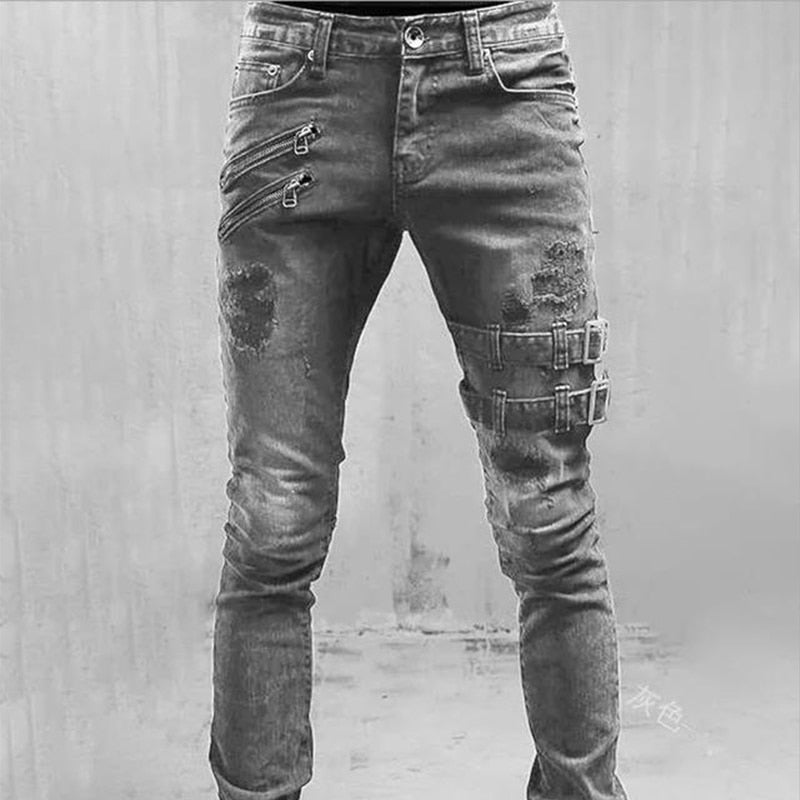 Jeans Men Punk Skinny Denim Pants Streetwear Zipper Slim Fit Black Goth Trousers