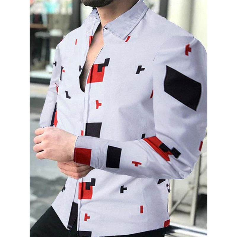 Luxury Social Men Shirts Turn-down Collar Buttoned Shirt Casual Lattice Print Long Sleeve