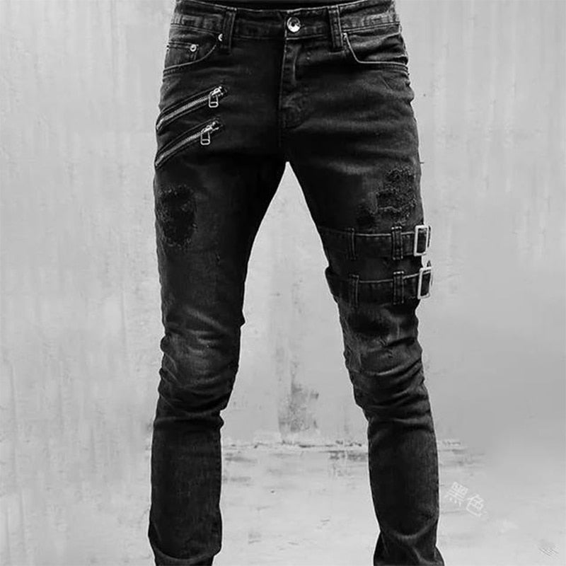 Jeans Men Punk Skinny Denim Pants Streetwear Zipper Slim Fit Black Goth Trousers