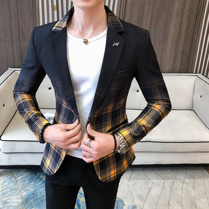 Tulututu Plus, Men Printed Suit Male Blazer Stand-up Collar Casual Suit Thin Jacket 3XL