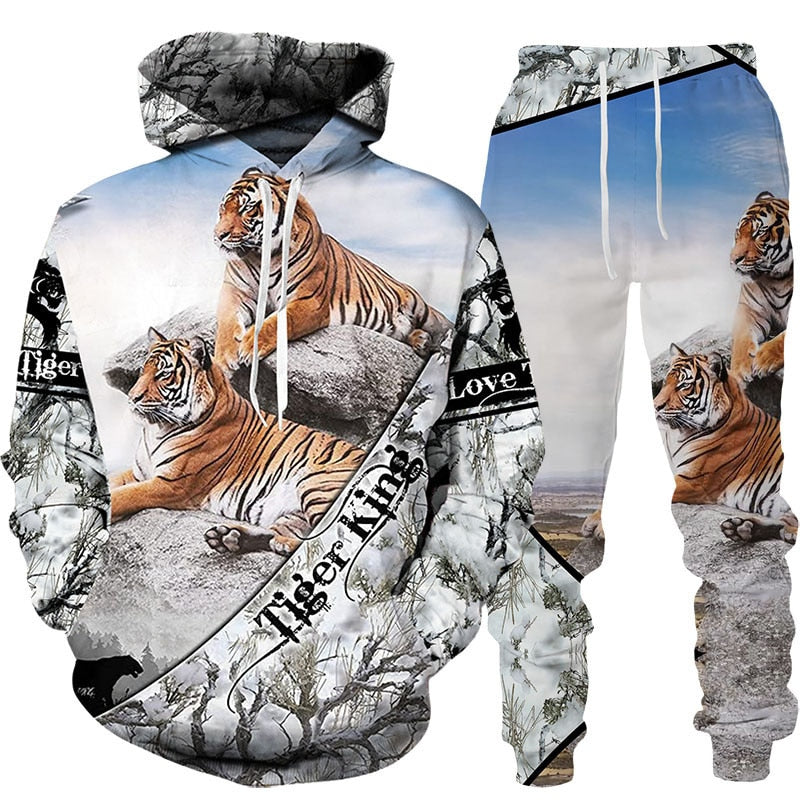 New Animal 3D Tiger Printed Hoodie + Pants Suit Cool Men/Women 2 Pcs Sportwear Tracksuit Set Autumn And Winter Men&#39;s Clothing