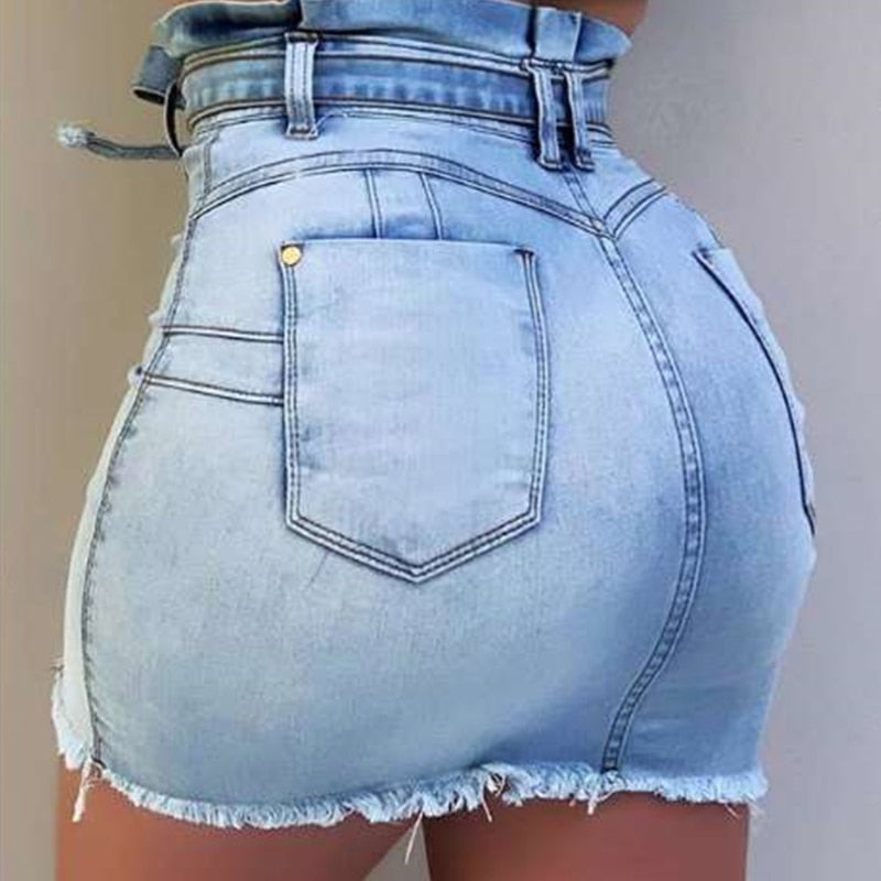 Sexy Denim Mini Skirts Stretch Bodycon Patchwork Sashes Skirt