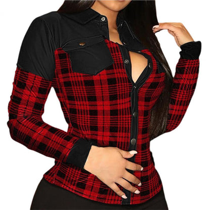 Zipper Plaid Print Women Shirt Solid Color Slim Faux Leather Ladies Shirts Top Patchwork Dress Blouse Streetwear