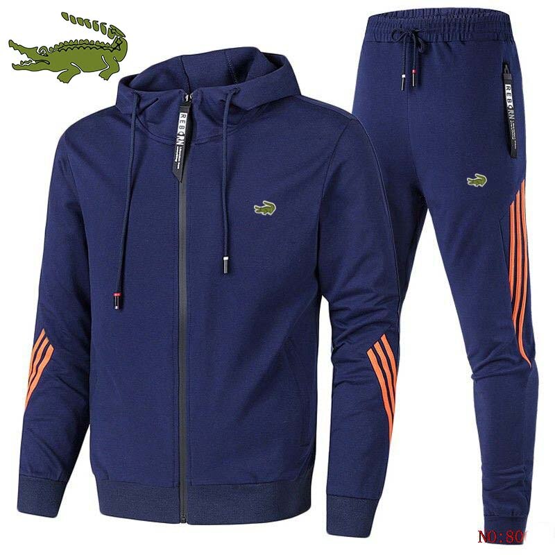 Men sports zipper Hooded Jacket Set trend outdoor sports printed jacket + Pants