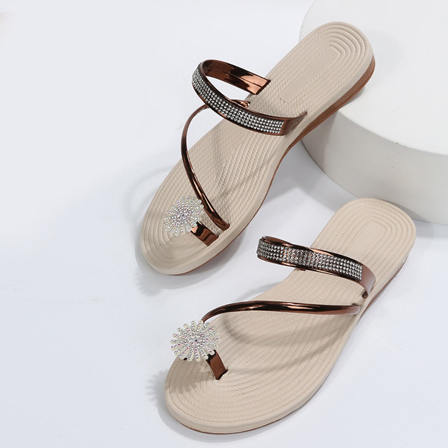 Summer Beach Slippers Women Pearl Set Toe Elastic Sandals Flat Strap Casual Home Sandals Slippers Beach Slippers Zapatos Mujer