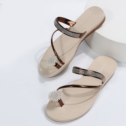 Summer Beach Slippers Women Pearl Set Toe Elastic Sandals Flat Strap Casual Home Sandals Slippers Beach Slippers Zapatos Mujer