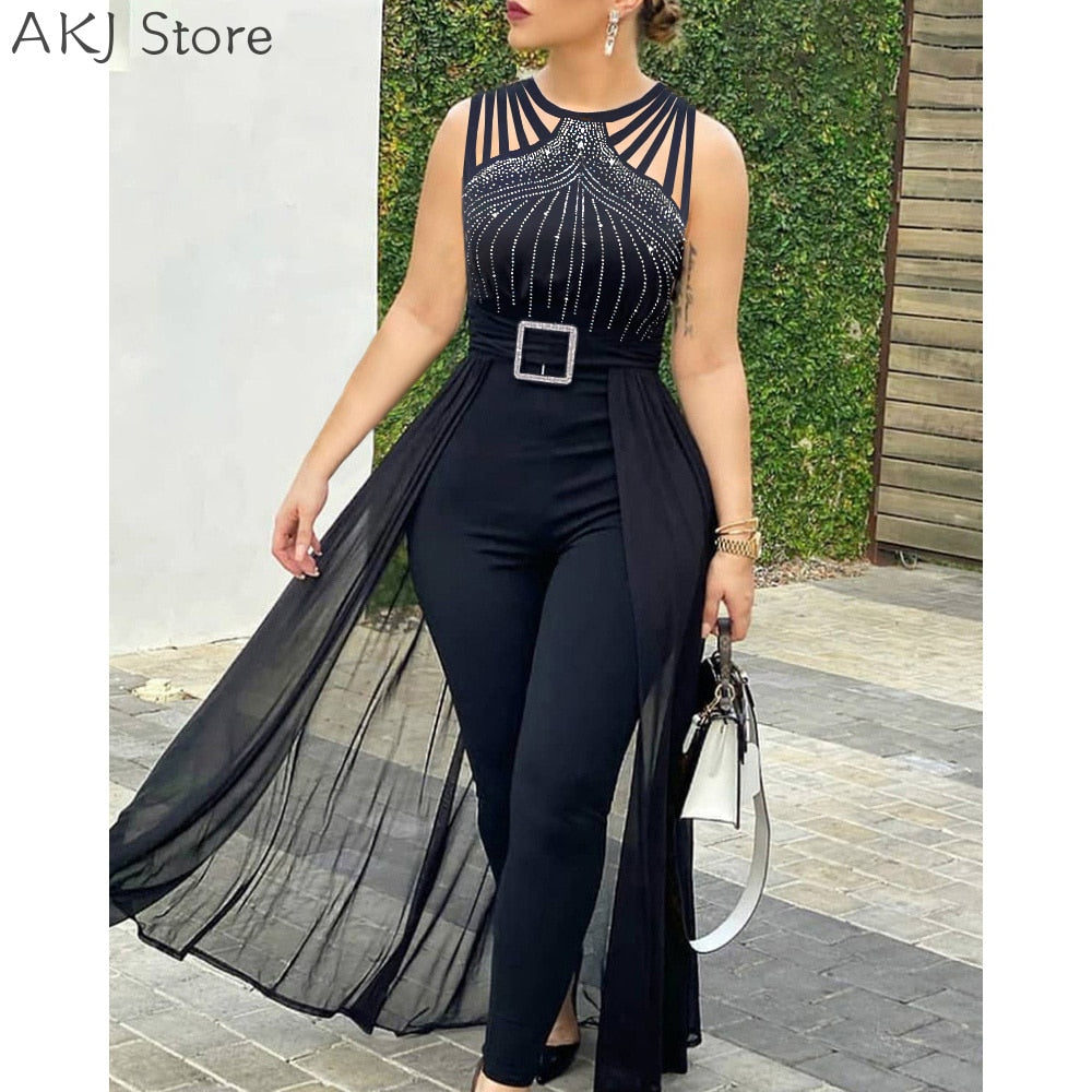 Women&#39;s Sexy Round Neck Rhinestone Sheer Mesh Sleeveless Jumpsuit With Belt