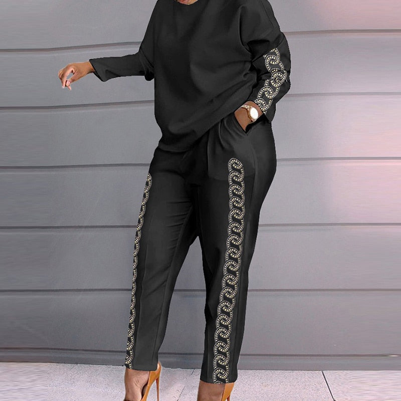 Set Of Women Spring Autumn Two Pieces Casual Female Print Loose Pants Matching Suit Streetwear Long Sleeve Tops And Trousers Set