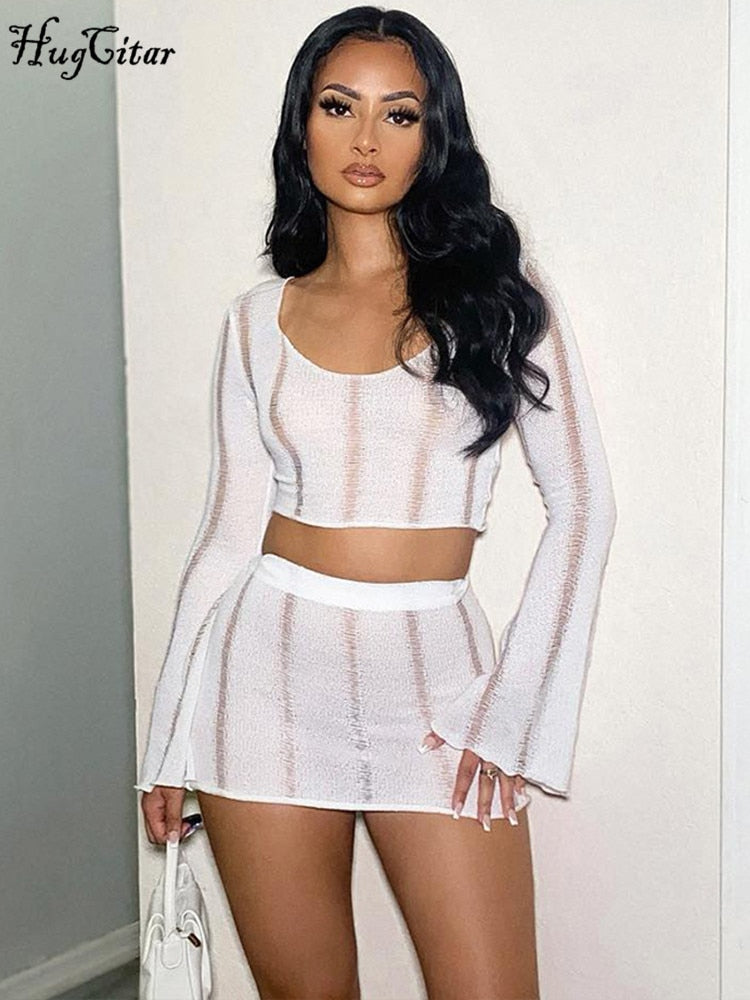 Hugcitar Knitted Solid O Neck Flare Sleeves Cut Out Crop Top Skirts 2 Pieces Matching Set Irregular Sexy Outfit Festival Club