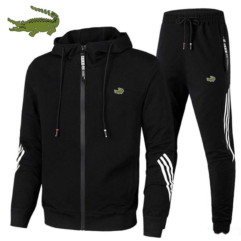 Men sports zipper Hooded Jacket Set trend outdoor sports printed jacket + Pants