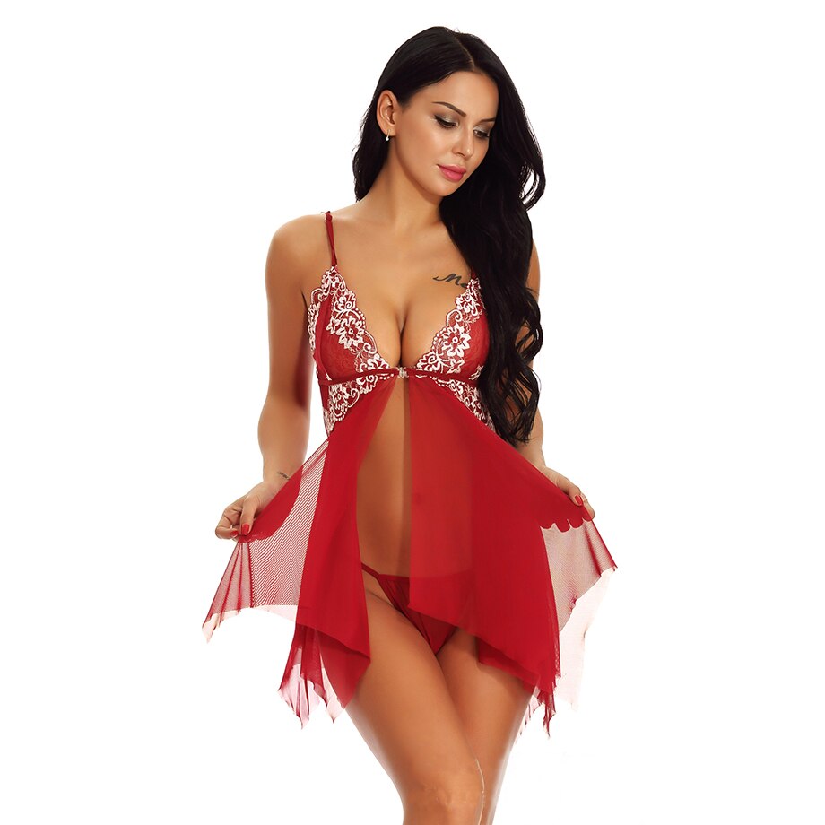 Fashion Sexy Red Lingerie Sexy Women, Ladies Robe Satin Silk Lace Gown Sleepwear