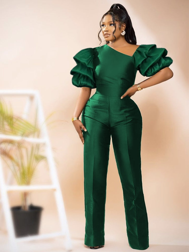 Women Jumpsuits Shiny Skew Collar Puff Sleeves High Waist One Piece Slim Elegant Office Ladies Summer Fashion Party Elegant New