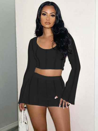 Hugcitar Knitted Solid O Neck Flare Sleeves Cut Out Crop Top Skirts 2 Pieces Matching Set Irregular Sexy Outfit Festival Club