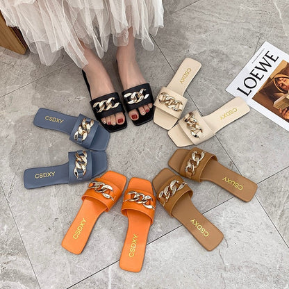 New Fashion Women Slippers Square Toe Chain Slippers Sandals Beach casual