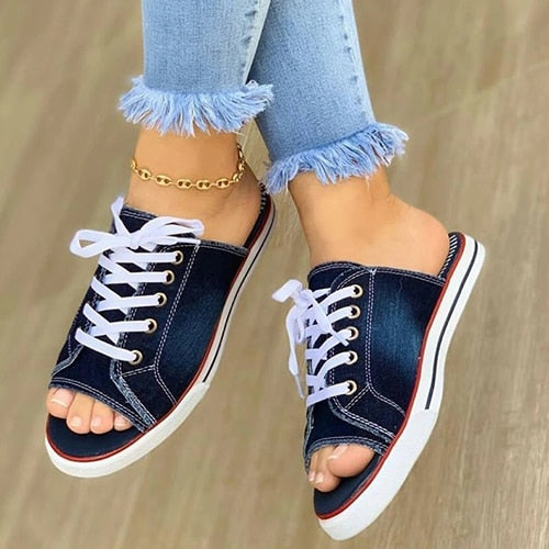 Women&#39;s Casual Female Fashion Denim Beach Shoes Plus Size Women Canvas Slipper Woman Lace Up Ladies Peep Toe New Flat