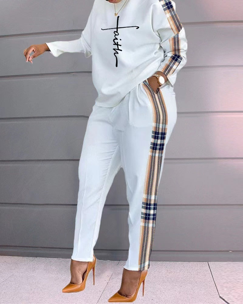 Set Of Women Spring Autumn Two Pieces Casual Female Print Loose Pants Matching Suit Streetwear Long Sleeve Tops And Trousers Set