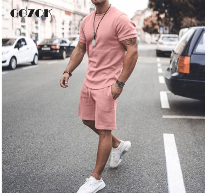 Men Summer Fashion Fitness Suit O-Neck Elastic Waist Breathable T-Shirt