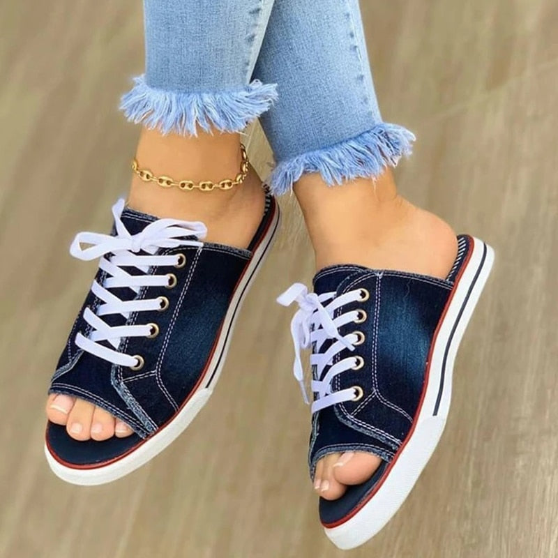 Women&#39;s Casual Female Fashion Denim Beach Shoes Plus Size Women Canvas Slipper Woman Lace Up Ladies Peep Toe New Flat