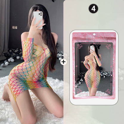 Sexy Lingerie Mesh Clothes Lace Colorful Fishnet Socks Hollow Bodysuit Porn Underwear Women Body Bodystockings Sissy Nightwear