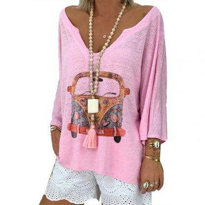 Women Fashion Cartoon Car Print Long Sleeve Deep V Neck Blouse Shirt T-shirt