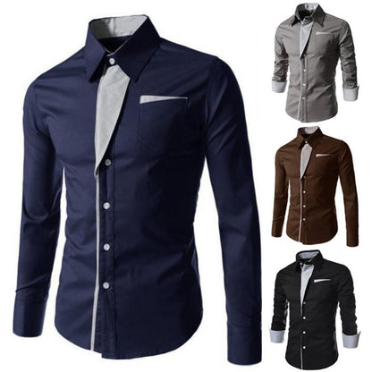 Slim Fit Top Men Shirt Long Sleeve Fashion Stand Collar Color Block Button up Top