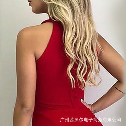 Sexy Mesh Splicing Conjoined Gauze Skirt Pants Women 2022 Summer Casual Sleeveless Hollowed Out Jumpsuits Elegant Red Jumpsuit