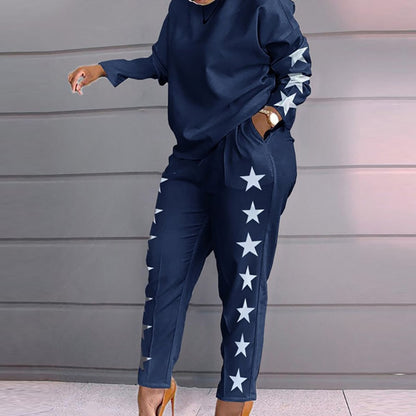 Set Of Women Spring Autumn Two Pieces Casual Female Print Loose Pants Matching Suit Streetwear Long Sleeve Tops And Trousers Set