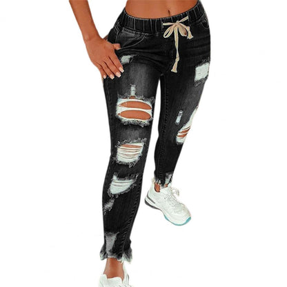 Women Jeans Ripped Hole Stretchy Summer Slim-fitting All Match Denim Pants for Daily Wear