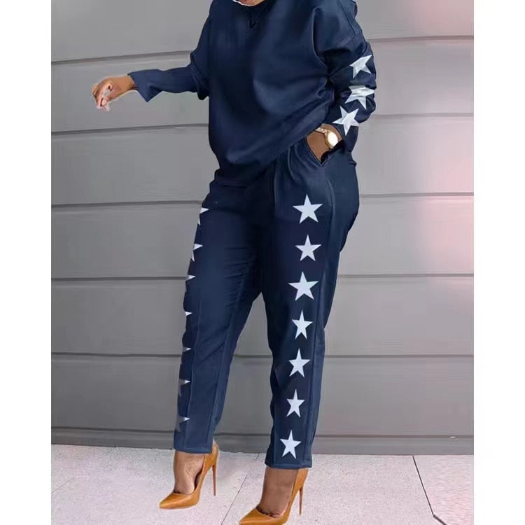 Set Of Women Spring Autumn Two Pieces Casual Female Print Loose Pants Matching Suit Streetwear Long Sleeve Tops And Trousers Set