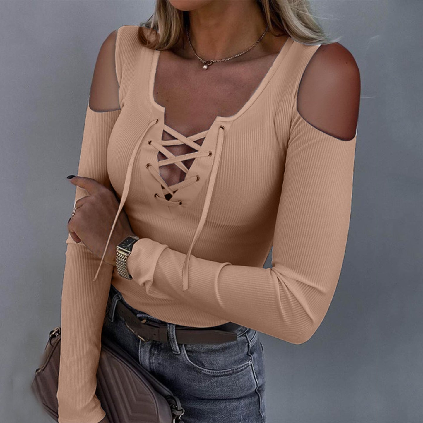 Women Fashion Knit Blouse Sexy Cross Bandage Off Shoulder Long Sleeve Low-cut