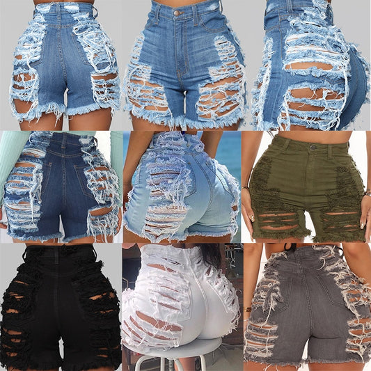 S-xxl Summer Woman Hole Ripped Denim Shorts Female Sexy High Waist Hollow Out Jeans Shorts 2022 New