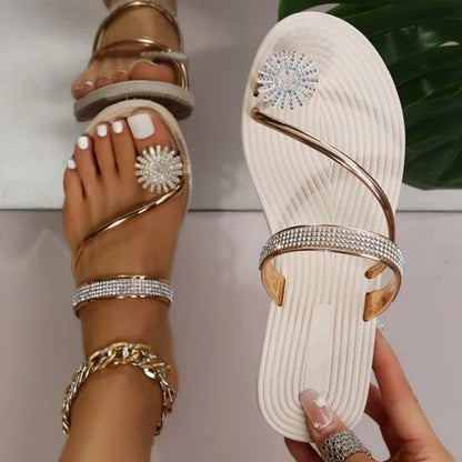 Summer Beach Slippers Women Pearl Set Toe Elastic Sandals Flat Strap Casual Home Sandals Slippers Beach Slippers Zapatos Mujer