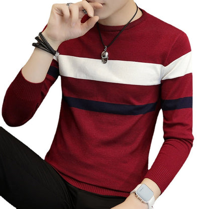 Striped Thin Long-Sleeved Sweater Youth round Neck Pullover Slim Casual Sweater