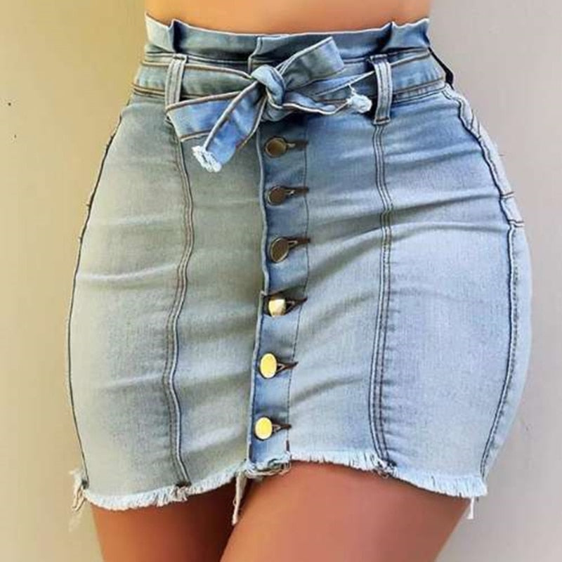 Sexy Denim Mini Skirts Stretch Bodycon Patchwork Sashes Skirt