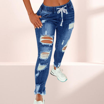 Women Jeans Ripped Hole Stretchy Summer Slim-fitting All Match Denim Pants for Daily Wear