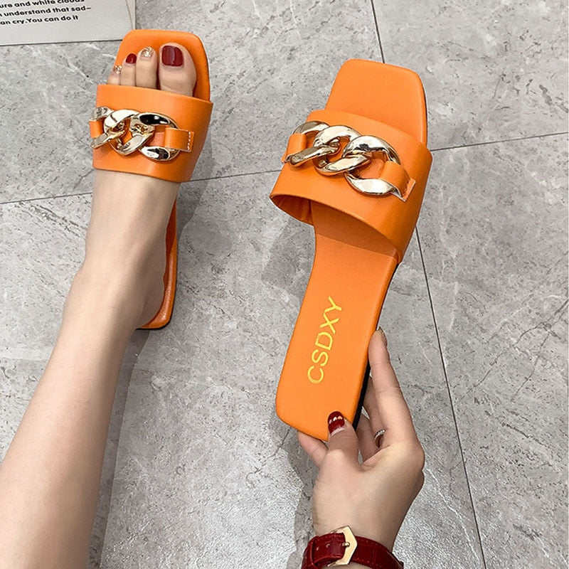 New Fashion Women Slippers Square Toe Chain Slippers Sandals Beach casual