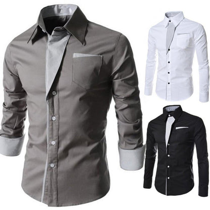 Slim Fit Top Men Shirt Long Sleeve Fashion Stand Collar Color Block Button up Top