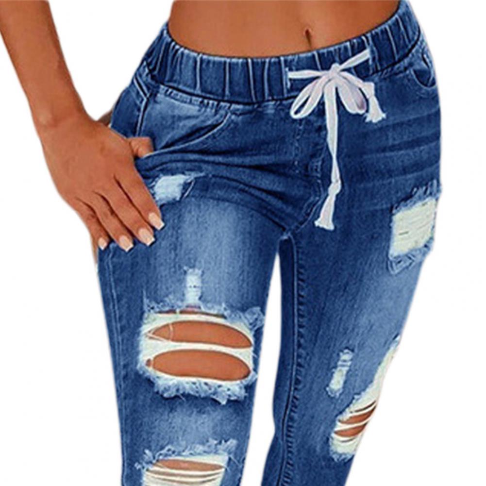 Women Jeans Ripped Hole Stretchy Summer Slim-fitting All Match Denim Pants for Daily Wear