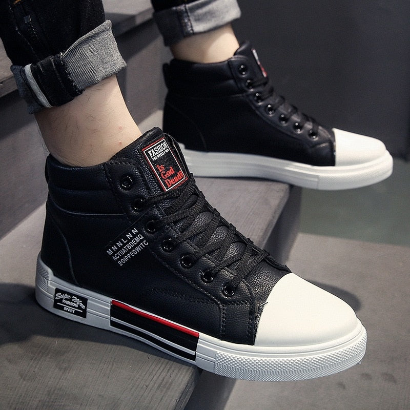 Men High-Top Skateboard Shoes Leather Casual Sneakers Male