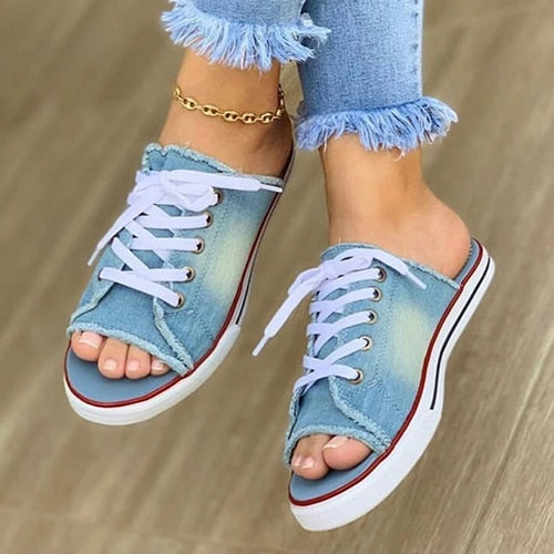 Women&#39;s Casual Female Fashion Denim Beach Shoes Plus Size Women Canvas Slipper Woman Lace Up Ladies Peep Toe New Flat